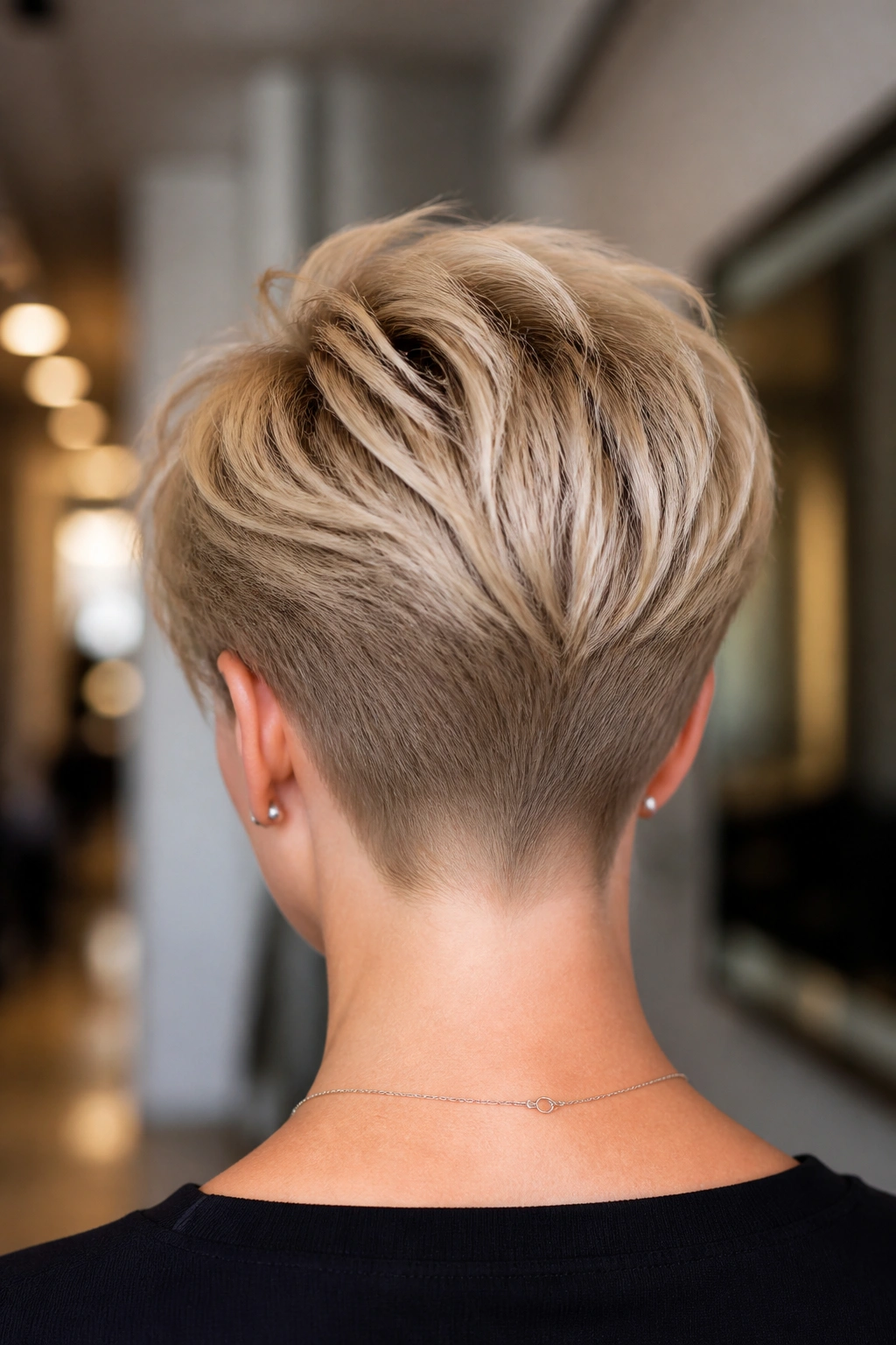 Rear portrait of a real woman showcasing a nape-taper pixie haircut.