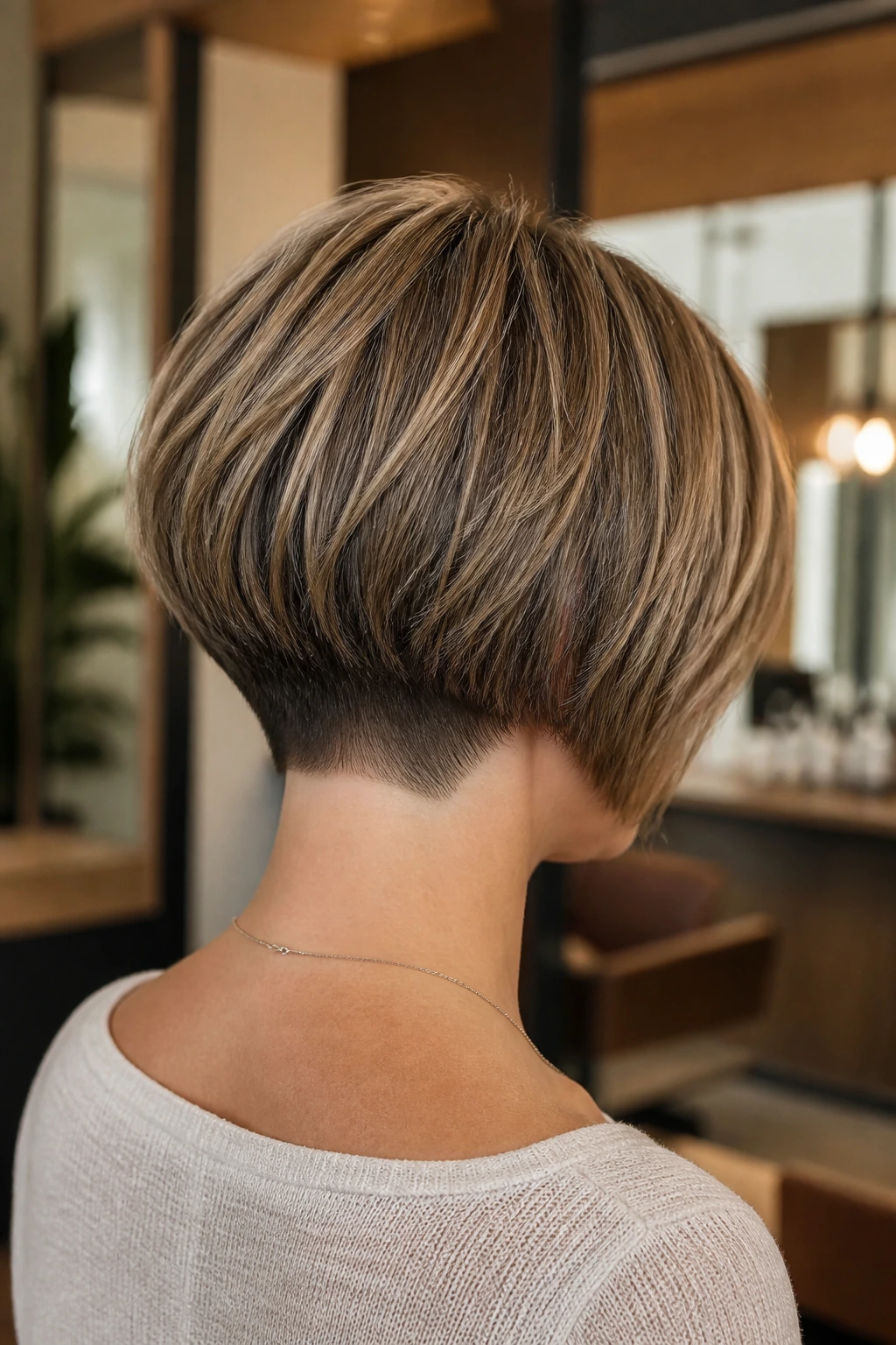 Rear view close-up of a real woman with a nape-tapered bob and clean back in a chic salon
