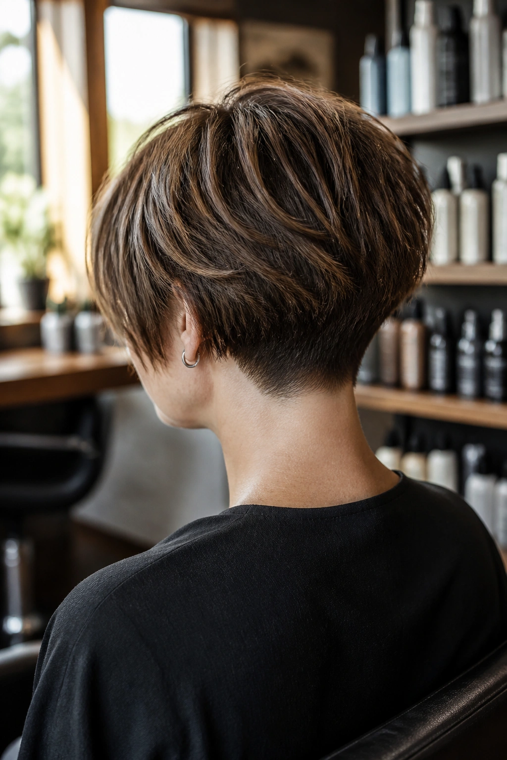 Back of head portrait of a real woman with a nape-tapered cropped bob