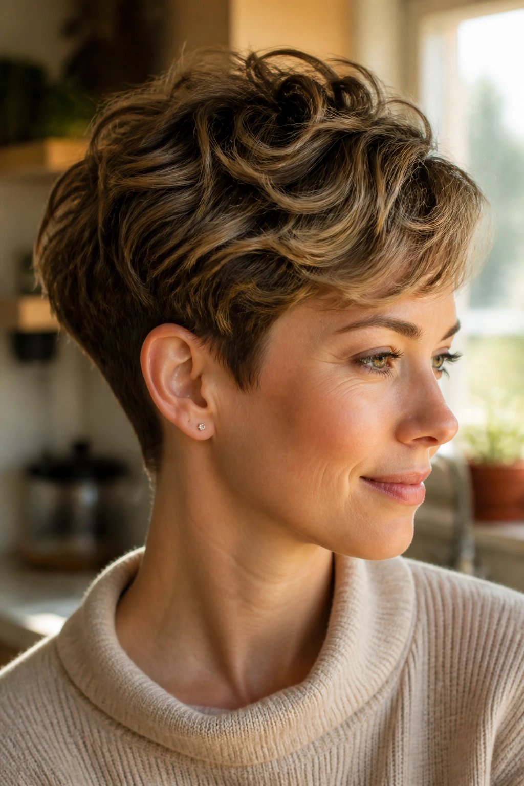 Close-up of a real woman with nape-tapered grow-out pixie hairstyle