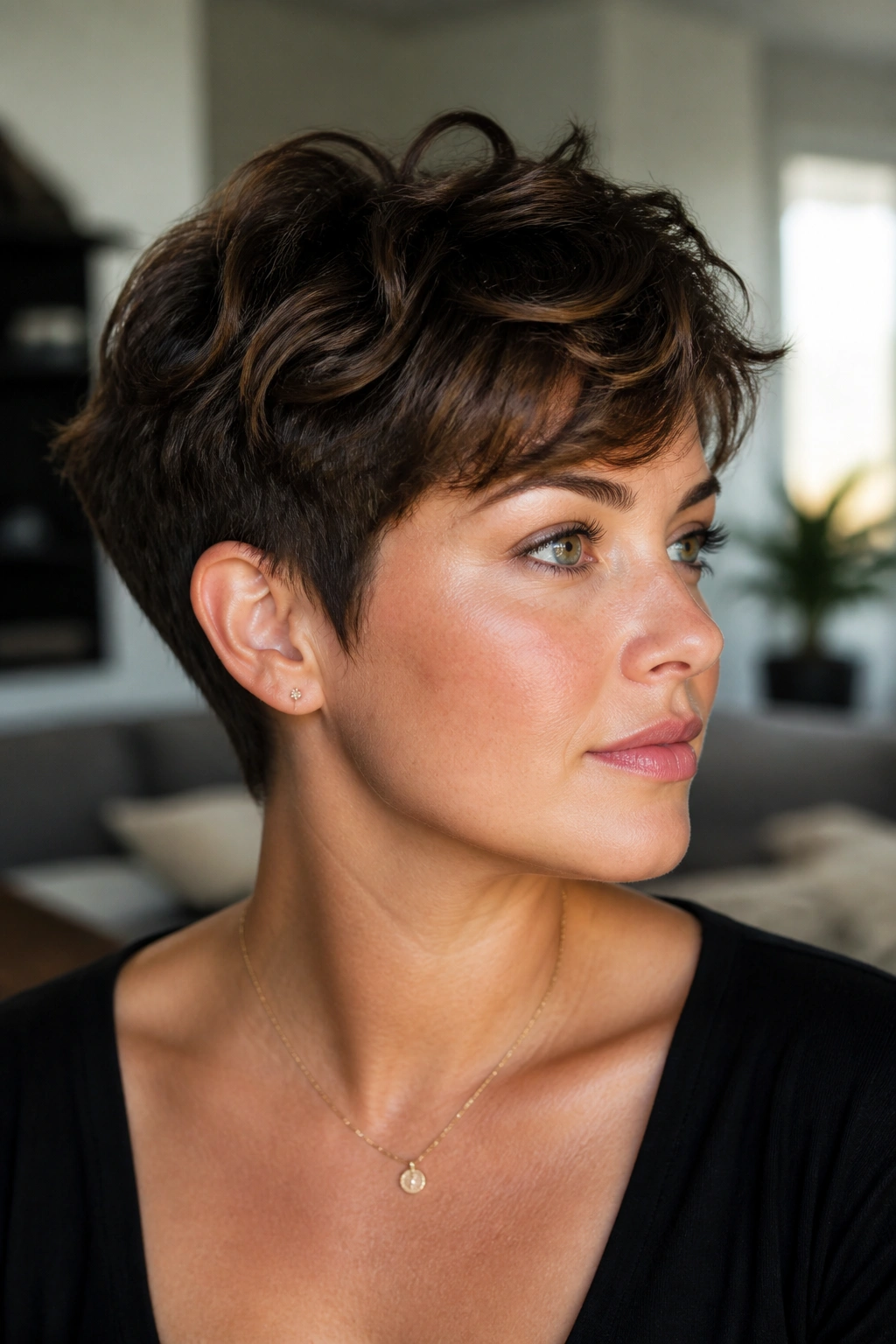 Portrait of a real woman with a nape-tapered short wavy pixie, crown lift and neat silhouette.