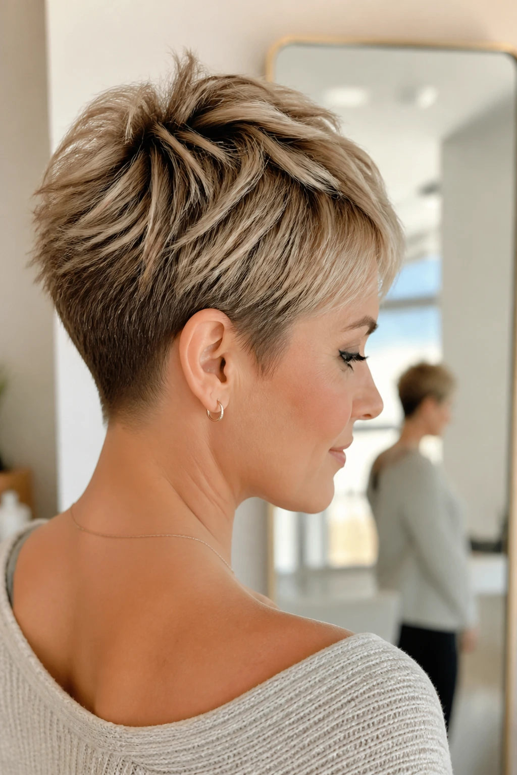 Close-up portrait of a real woman with Nape-Tapered Textured Pixie, tapered nape and textured crown
