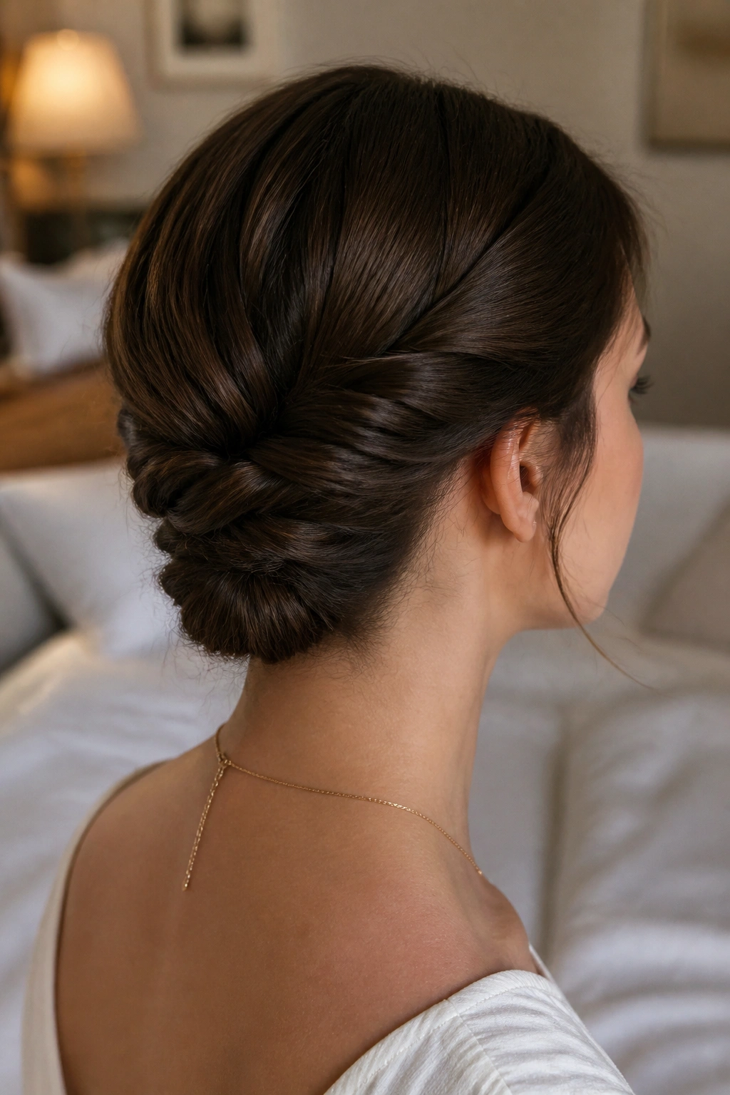 Close-up of a woman with two nape twists forming an X bun in warm bedroom light