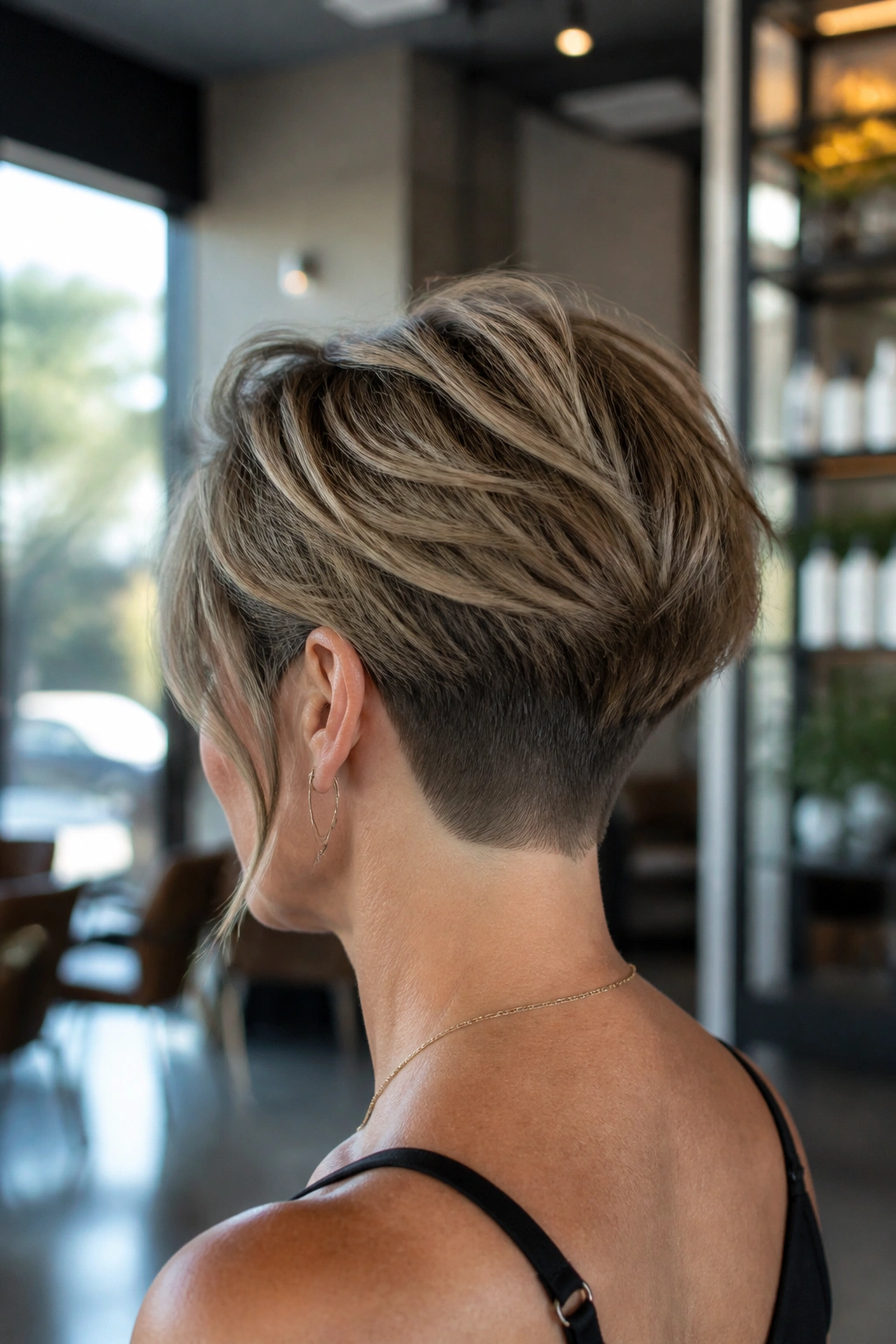 Three-quarter rear portrait showing nape undercut with lifted crown on a real woman