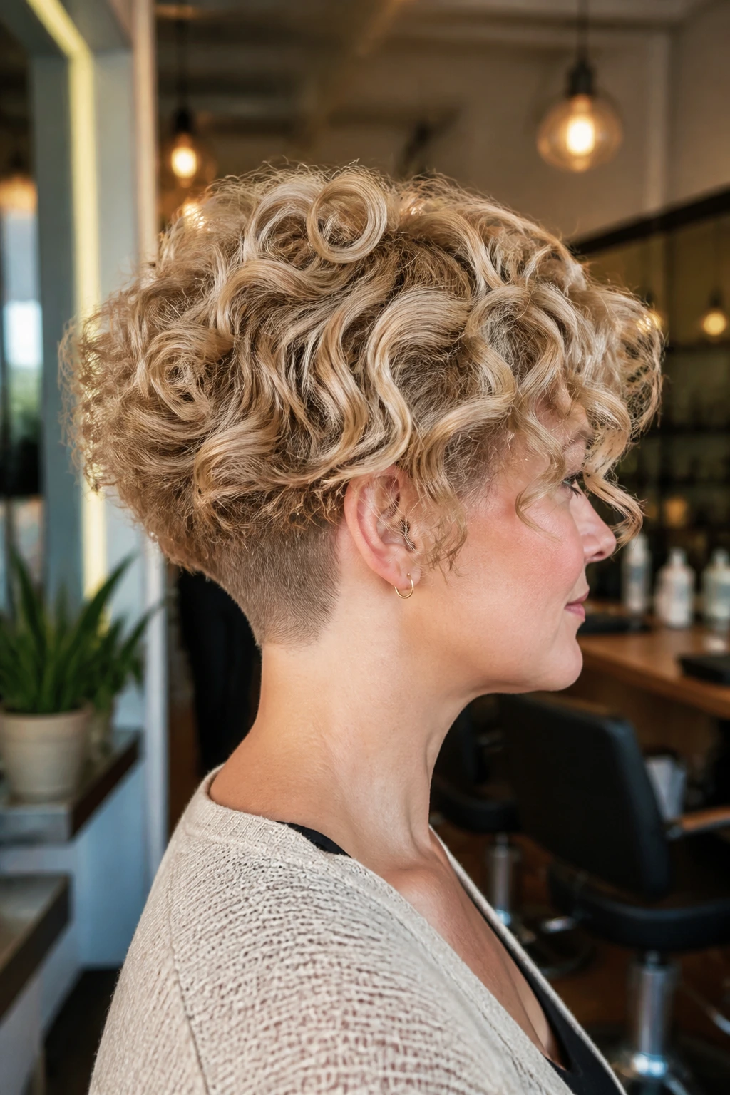 Side-profile of a real woman with a bob and a subtle nape undercut in thick curls.