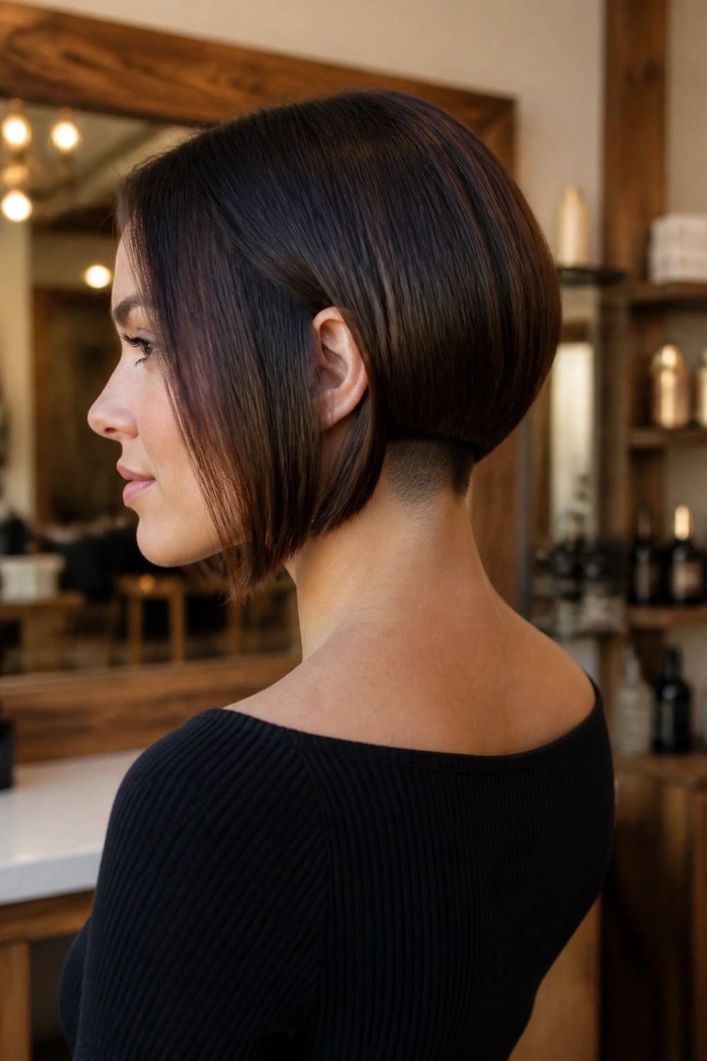 Close-up portrait of a real woman with a long bob and subtle nape undercut in warm salon light