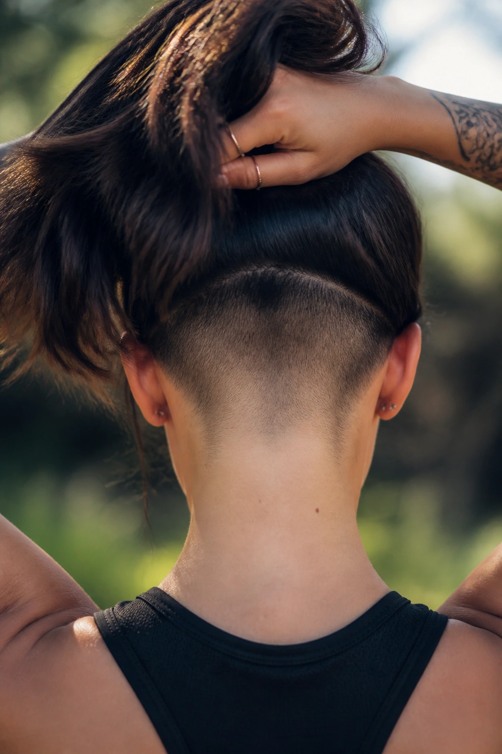 Back view of real person showing long hair with full nape undercut