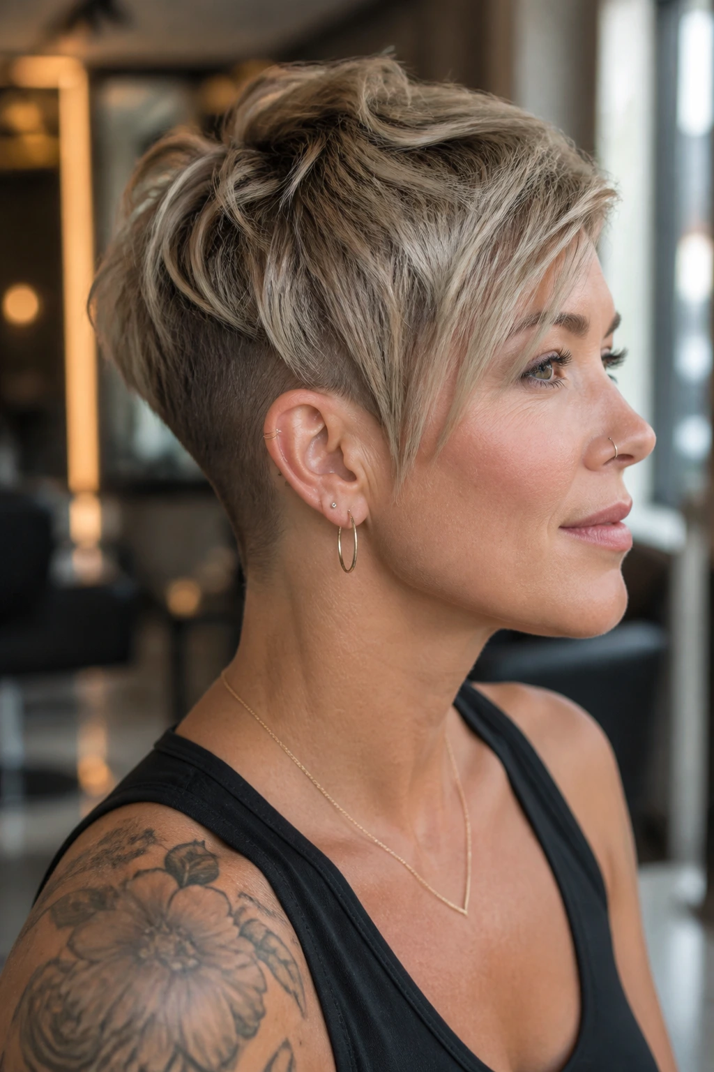 Close-up of a real woman with a hidden nape undercut beneath soft crown length