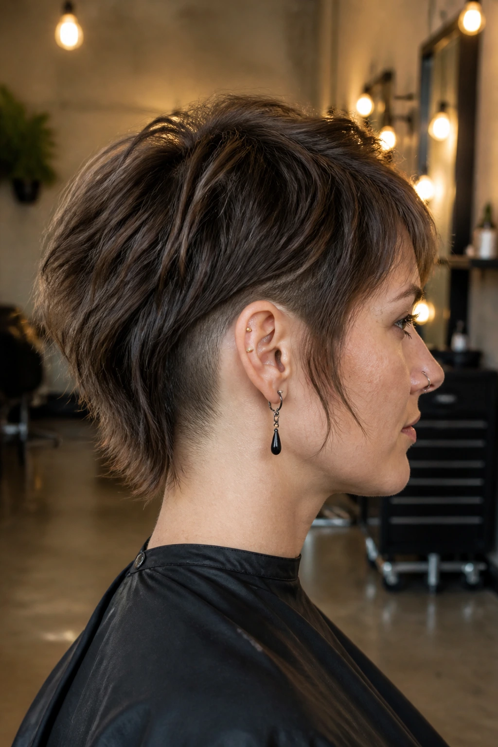 Profile portrait of a real woman with wolf cut and nape undercut.