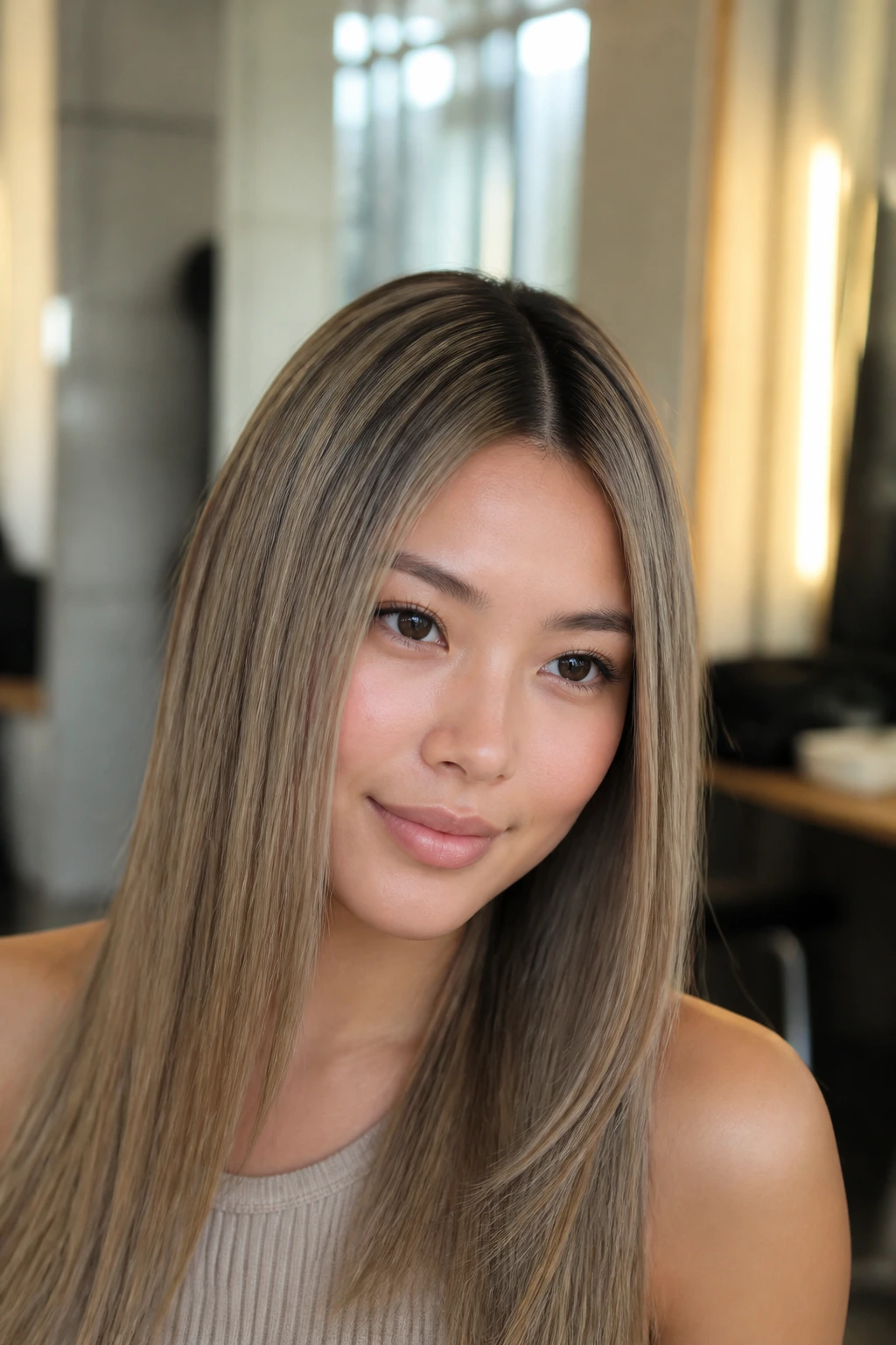 Close-up of a real woman showing a narrow line of black babylights along the part in a salon