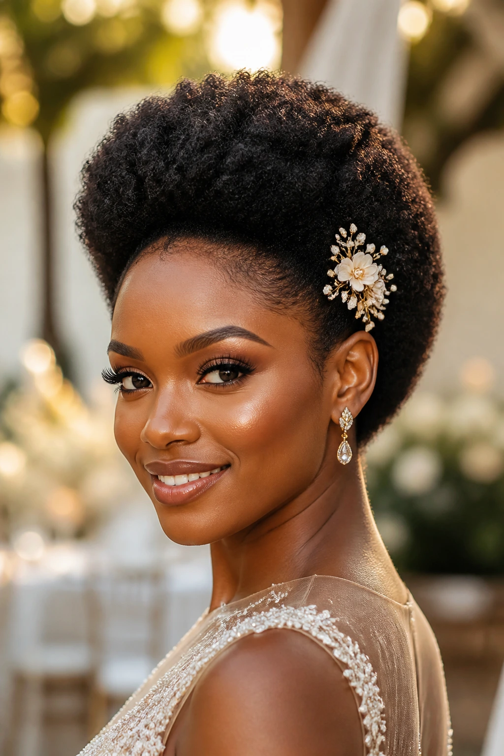 Close-up of a real woman with a sculpted natural afro and floral pin