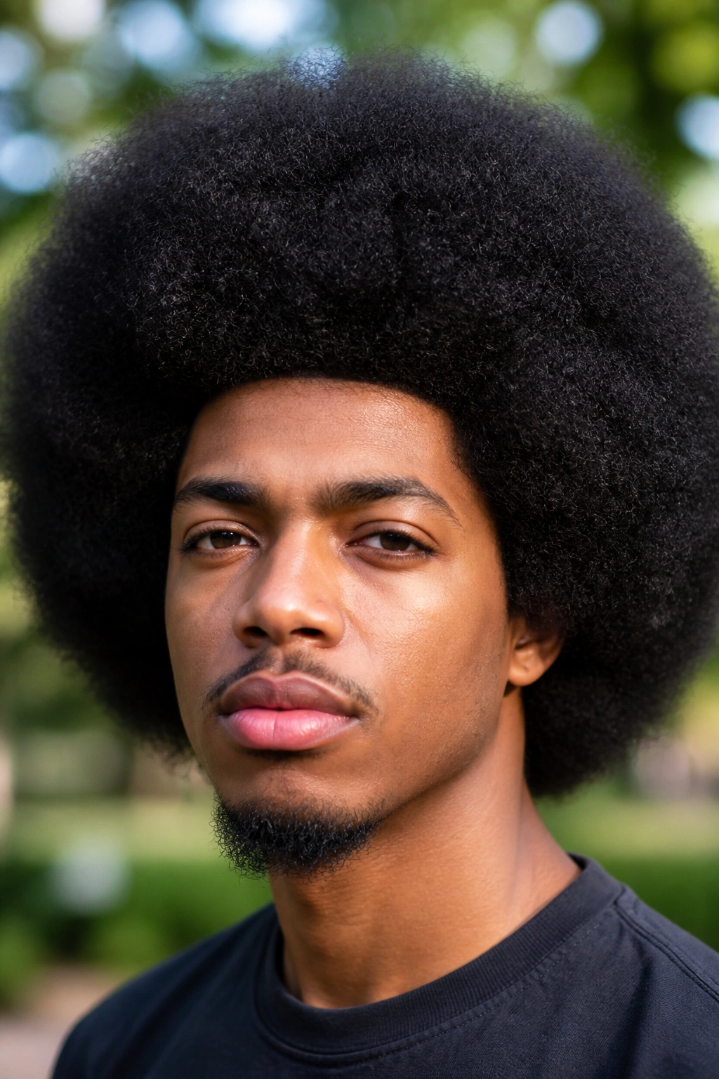 Close-up portrait of a person with a full rounded natural afro in soft park light