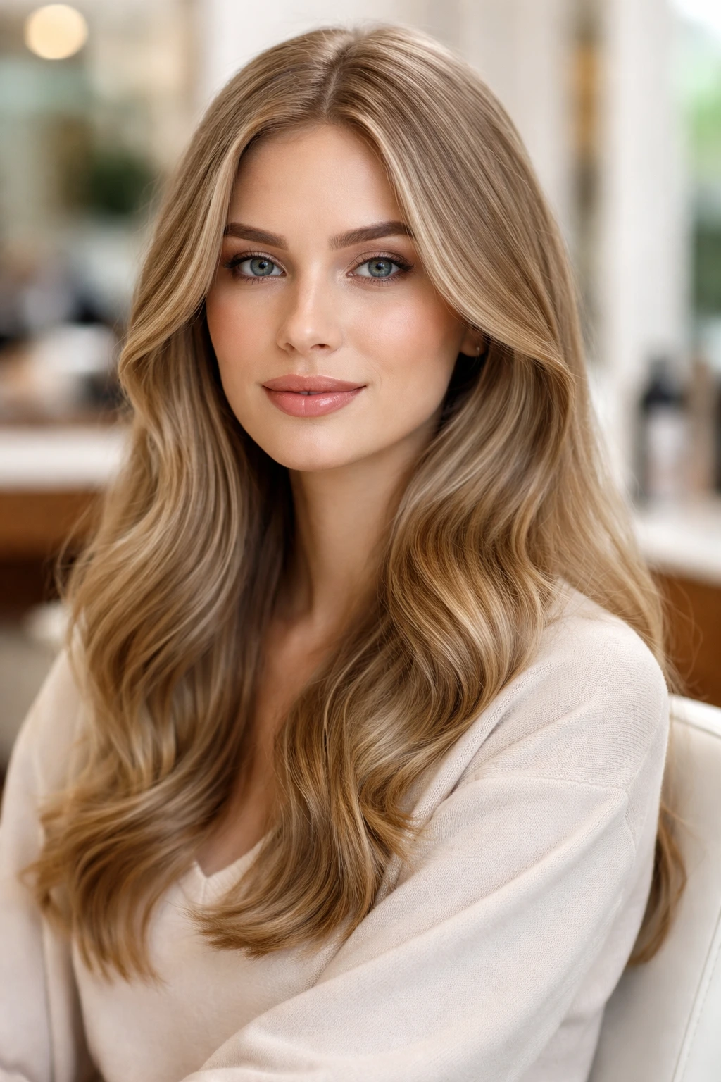 Close-up of a person with natural beige glossy hair in a bright salon.