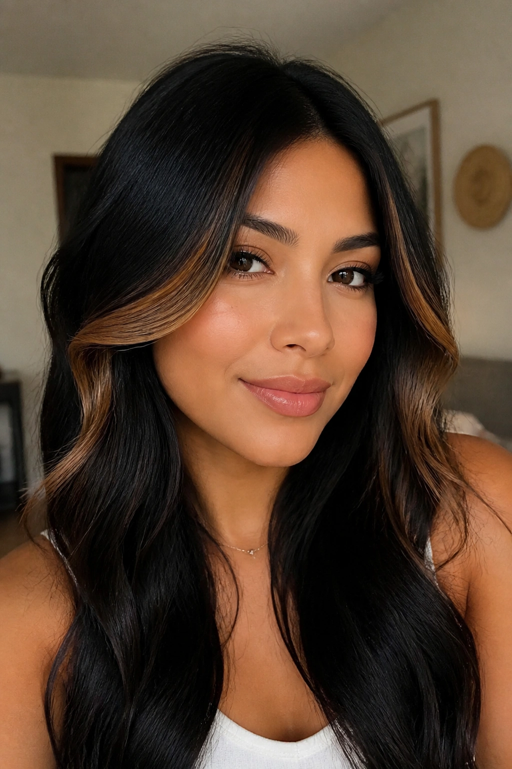 Close-up of a woman with natural black hair and caramel money pieces framing her face