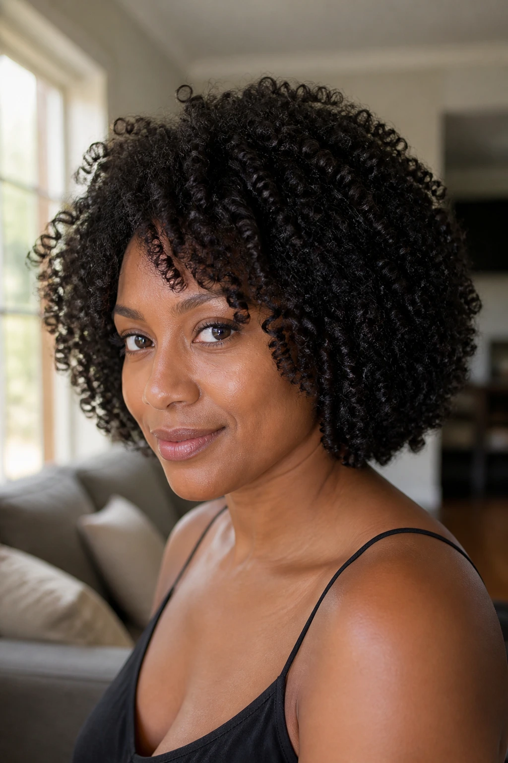 Close-up portrait of a real woman with natural coil bob, defined curls framing the face.