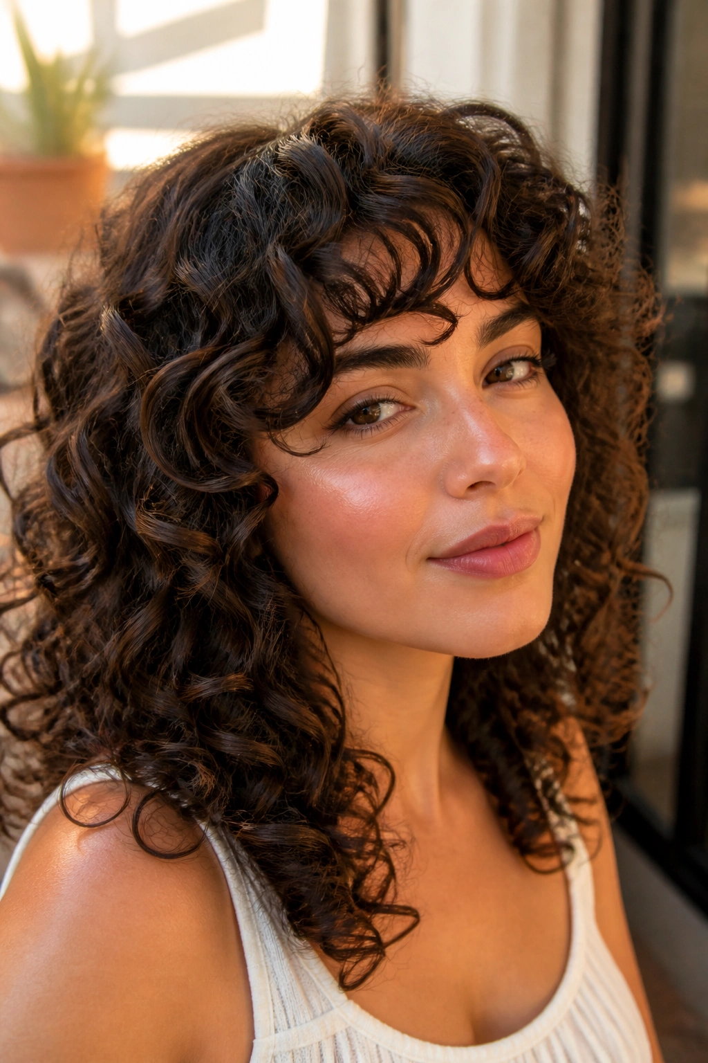 Close-up of a real person with natural curls and a curved fringe in a warm setting