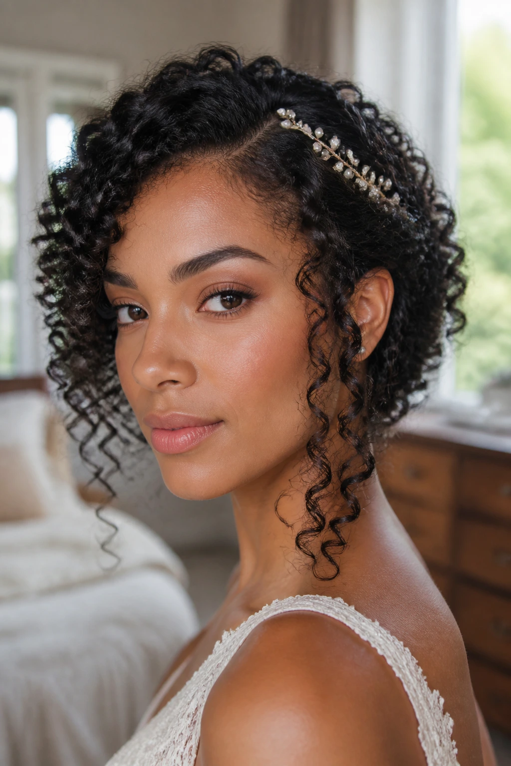 Close-up of defined natural curls on a real woman with side part
