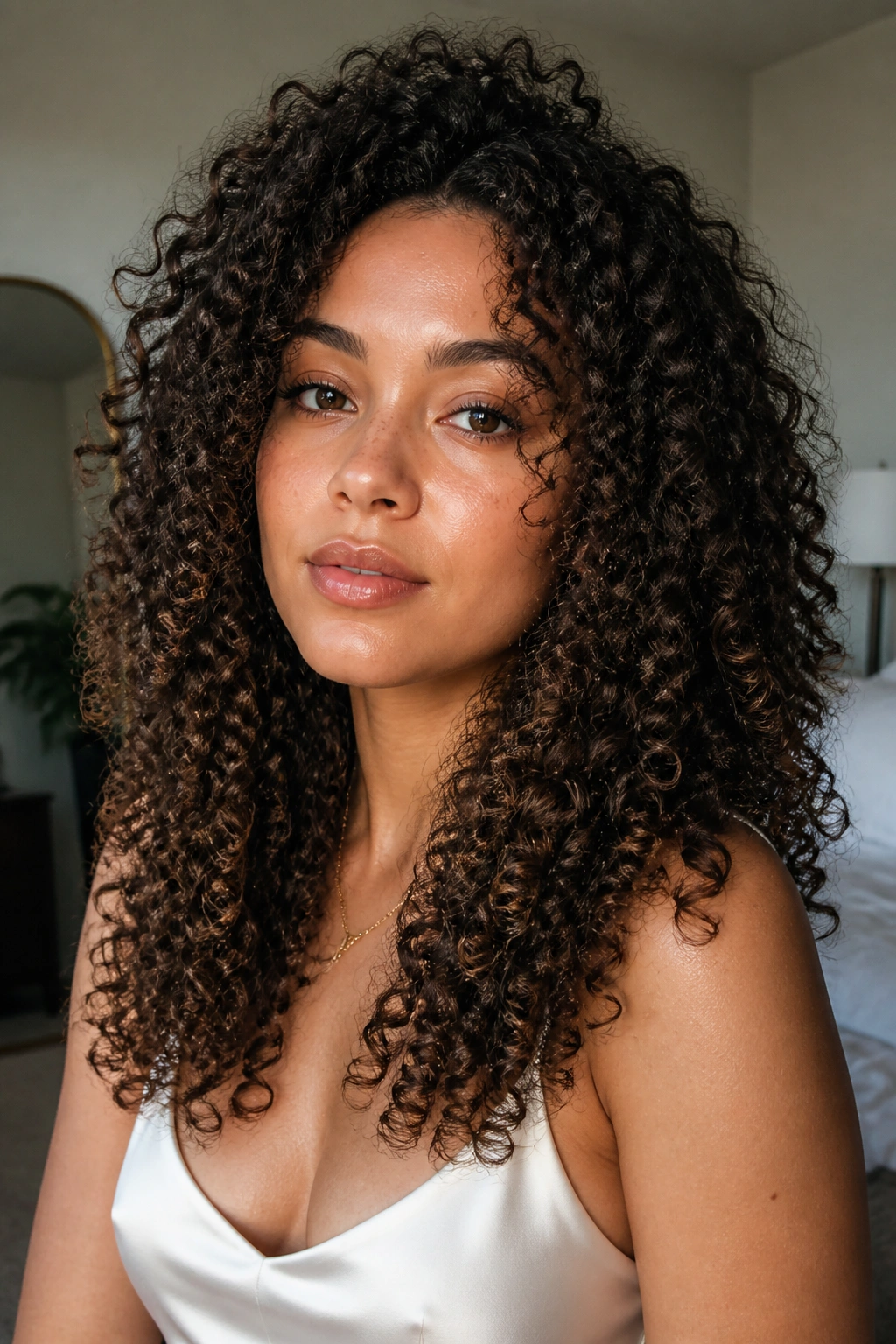 Close-up of a real woman with natural curls shaping a rounded, elongated face.
