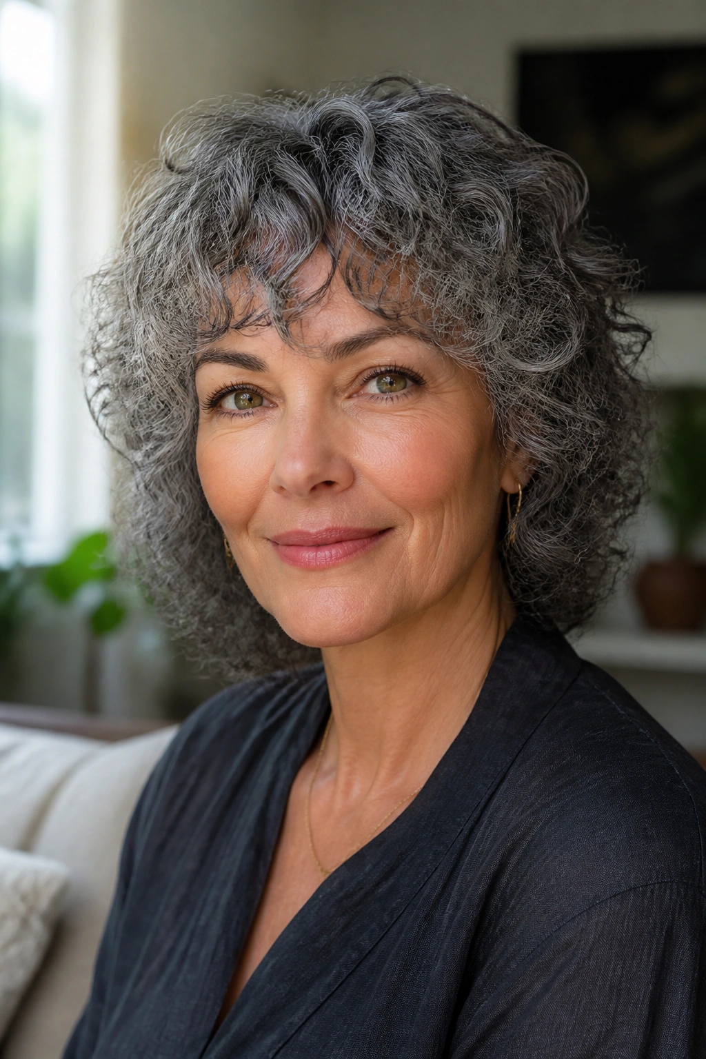 Close-up of a real person with natural grey curls and tapered bangs