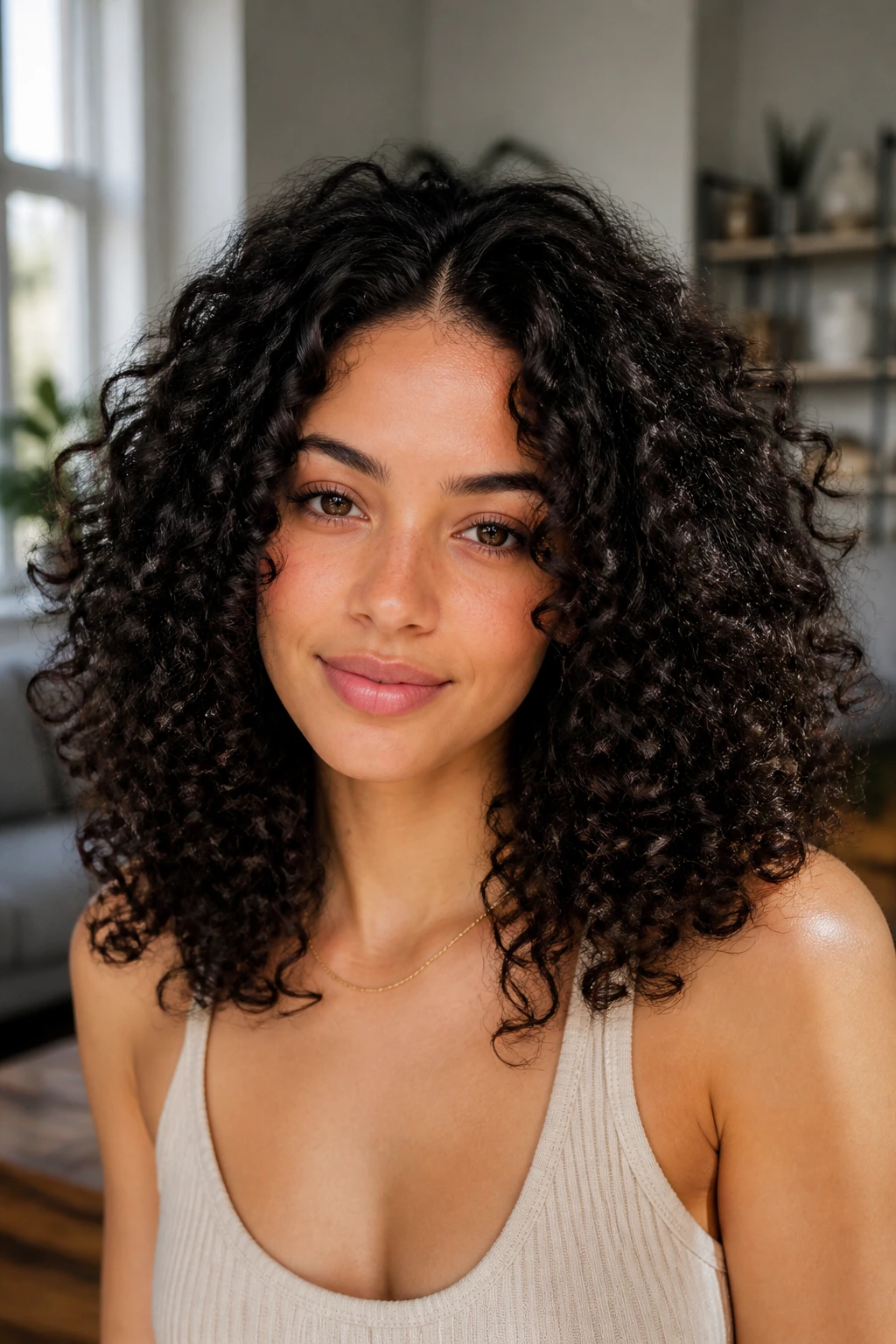 Close-up of a real person with natural curls and voluminous roots