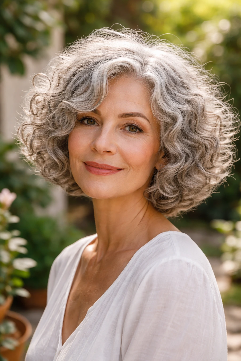 Portrait of a woman with a natural curly silver bob and voluminous curls.