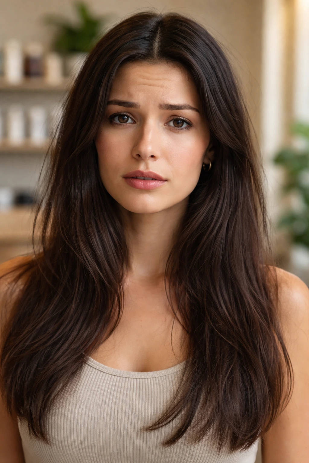 Dark brown natural hair without highlights on a real person