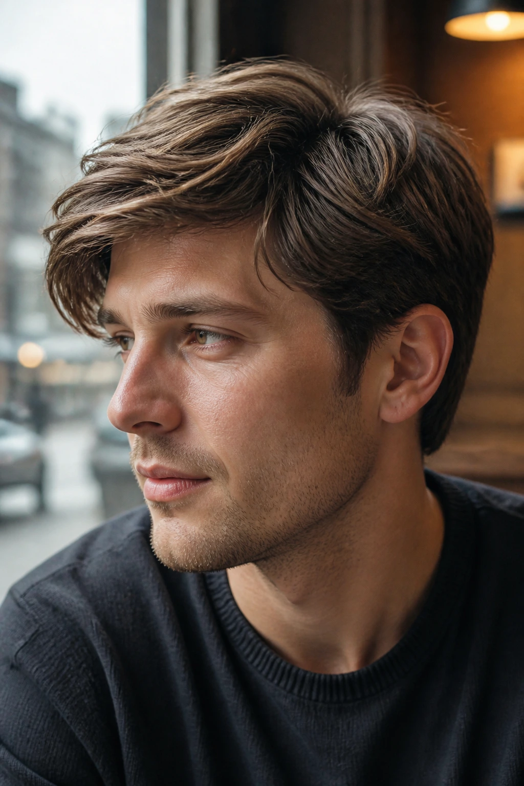 Portrait of man with natural layered cut and side sweep in sunlit cafe