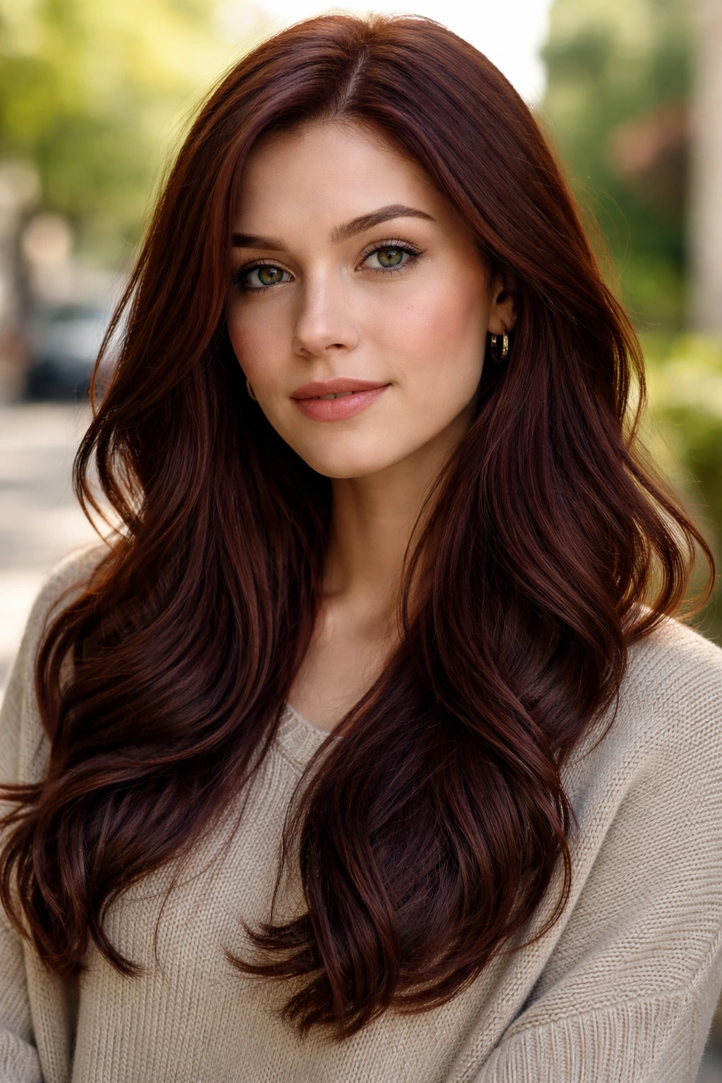 Close-up of a real person with natural mahogany hair color