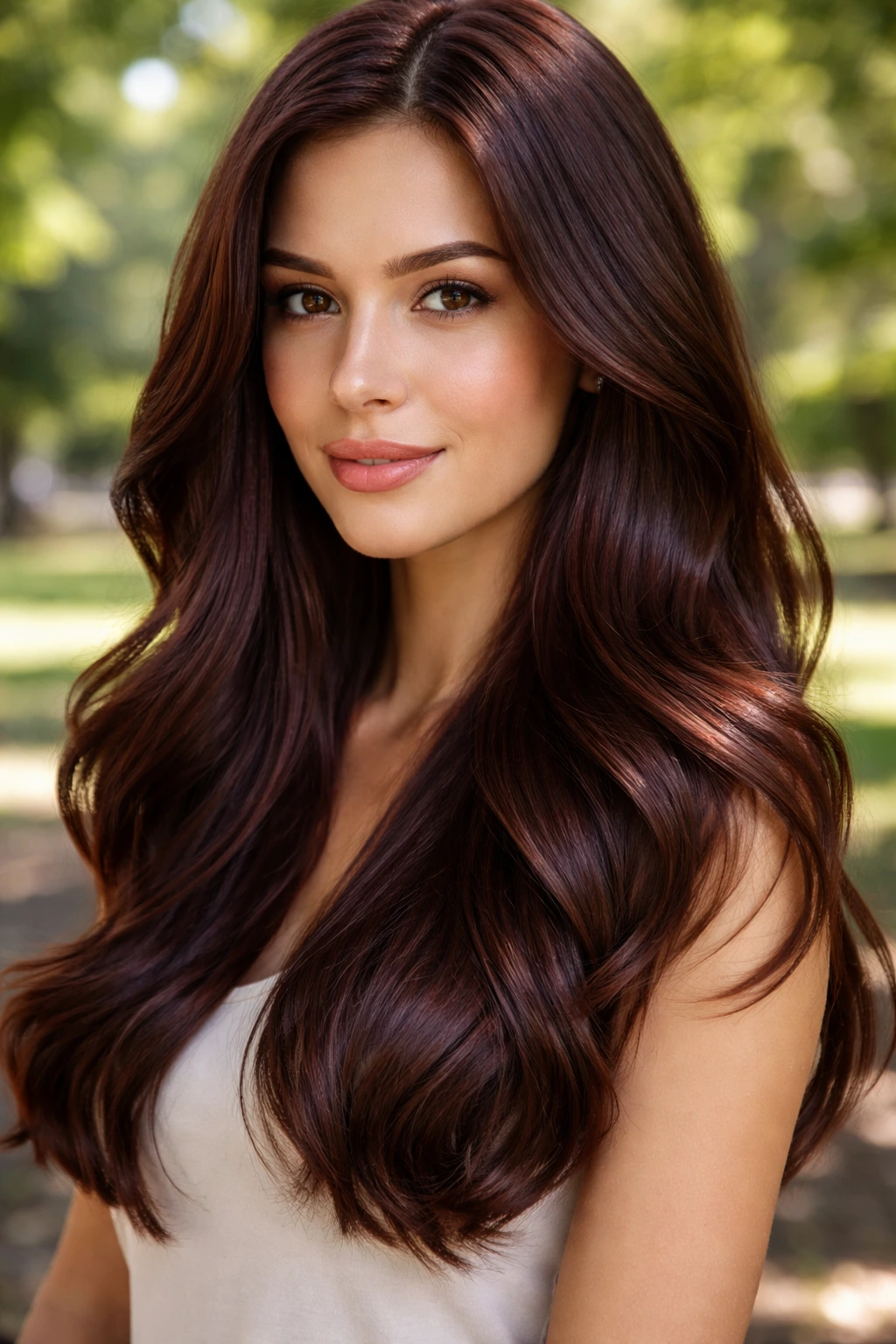 Close-up of brunette hair with natural mahogany shine