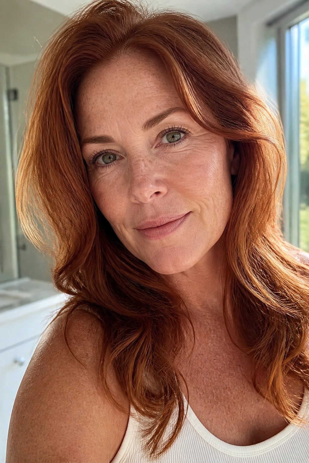 Close-up of a real woman with refreshed natural redhead color.