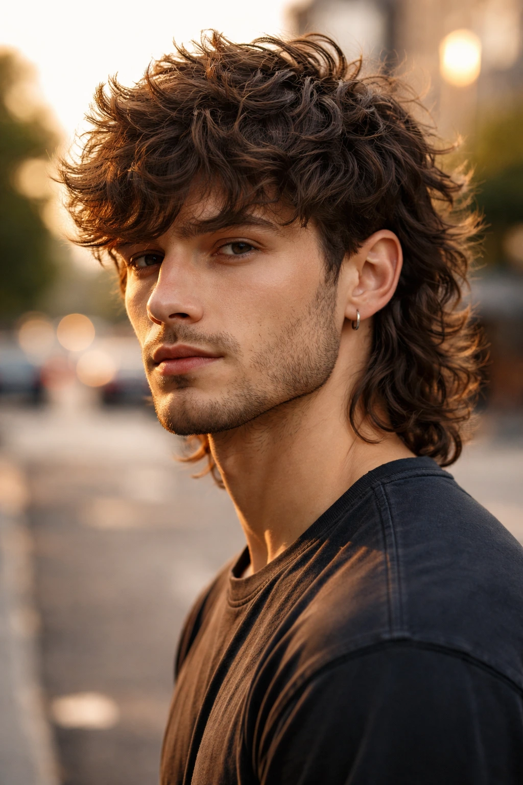 Medium close-up of a man with natural textured wolf cut during golden hour
