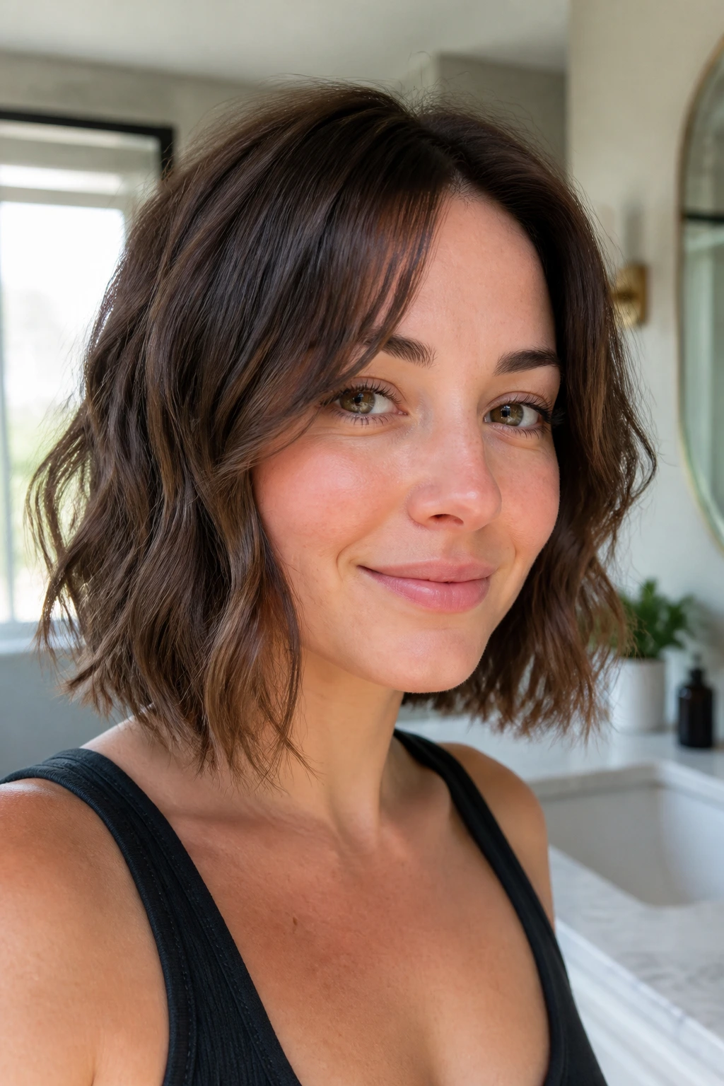 Real person with natural wave bob and minimal styling in daylight