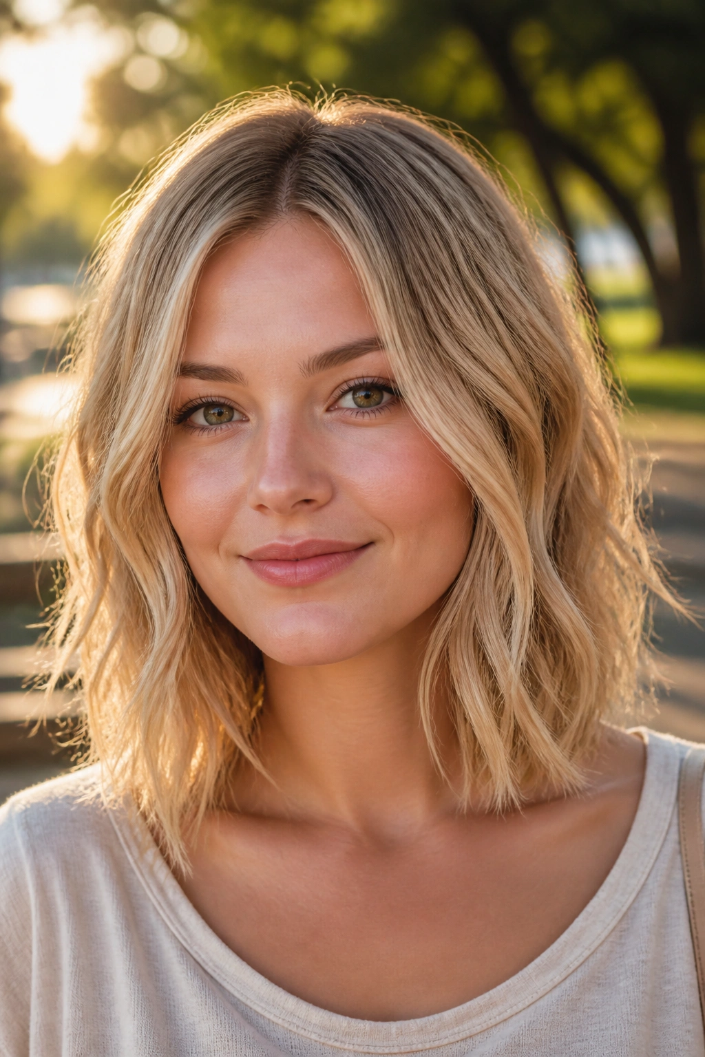 Real woman with air-dried natural wave lob in park sunlight