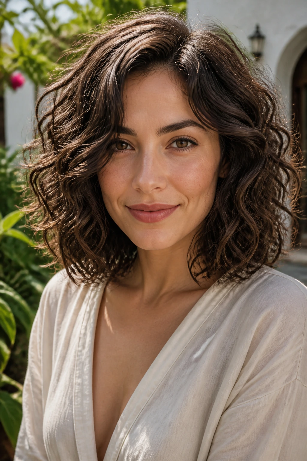 Portrait of a real woman with naturally curly lob and tousled waves.