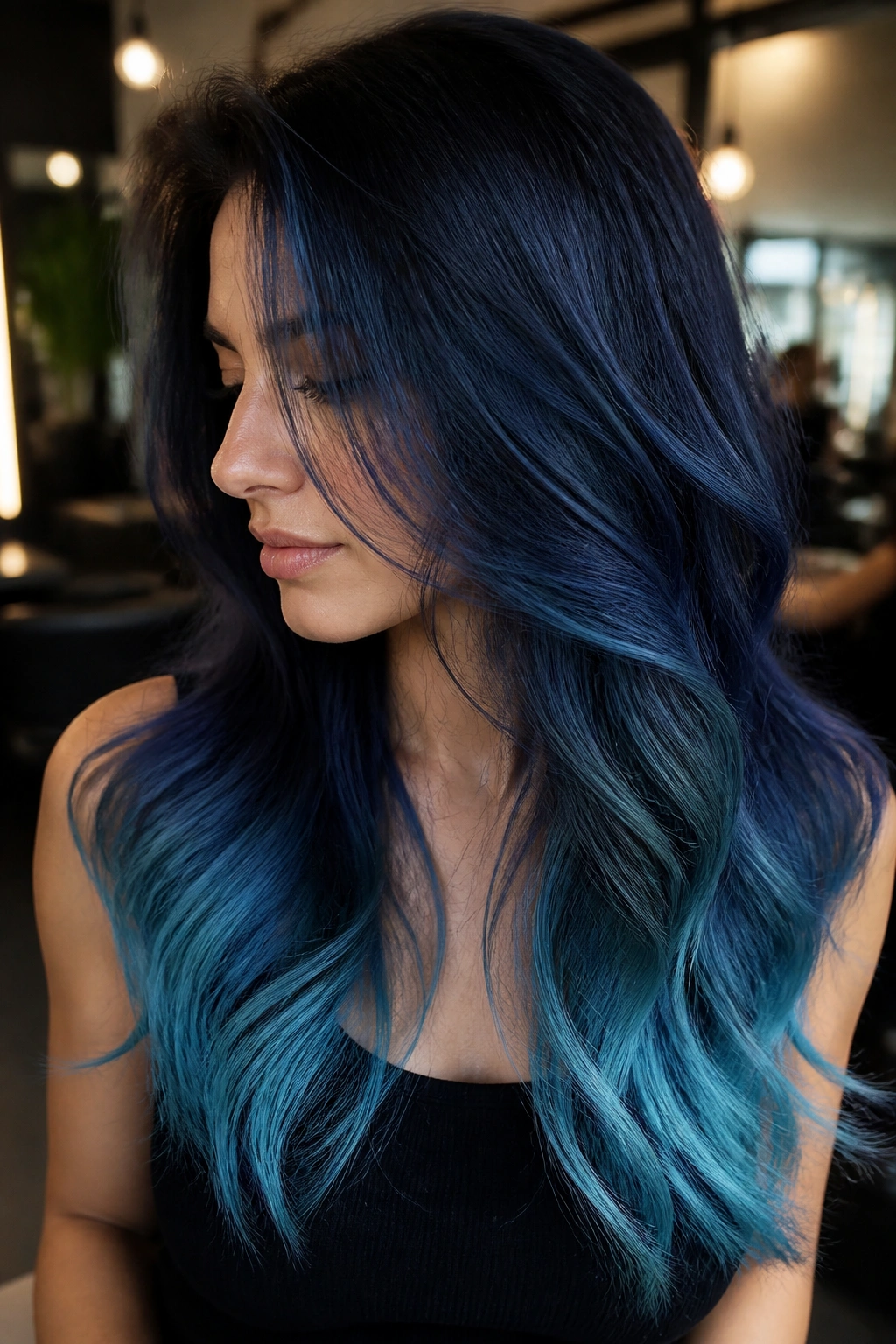 Close up portrait of a real woman showcasing navy to azure balayage on layered hair in a salon setting