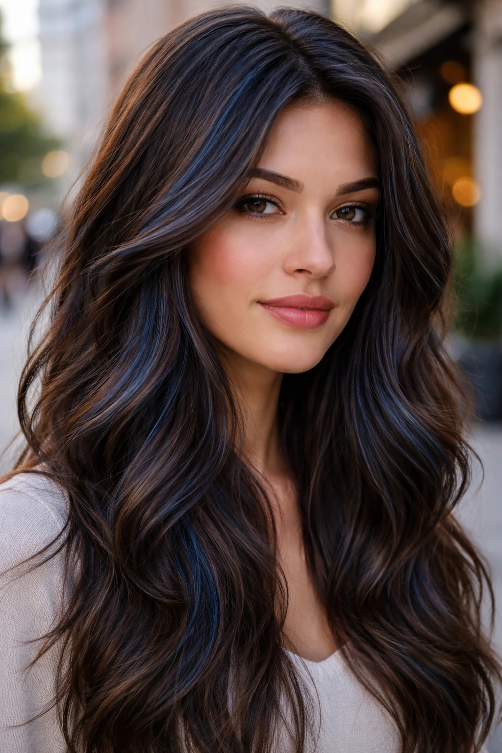 Close-up of a real person with navy blue babylights woven through brown hair