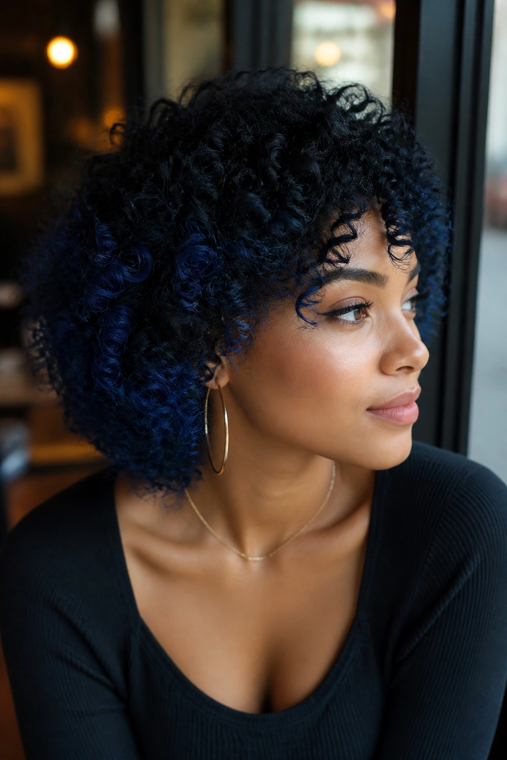 Real person with navy blue fade on curly hair in cozy cafe setting