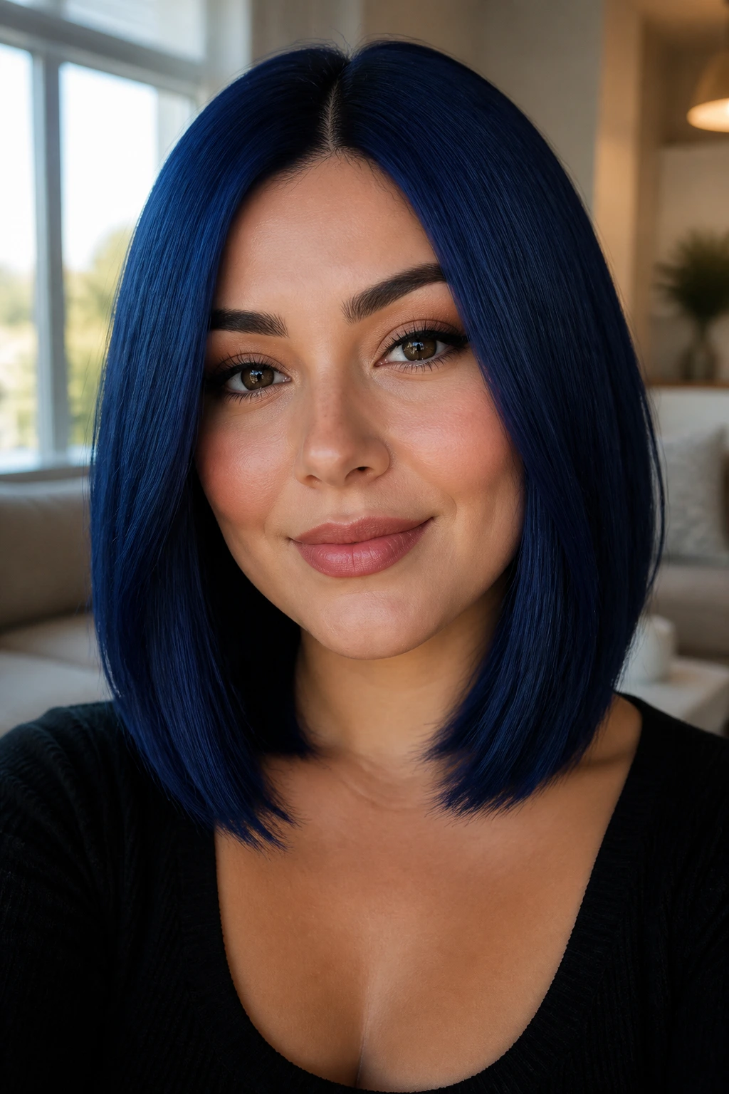 Portrait of a woman with a deep navy blue lob at collarbone length, center part, glossy finish.