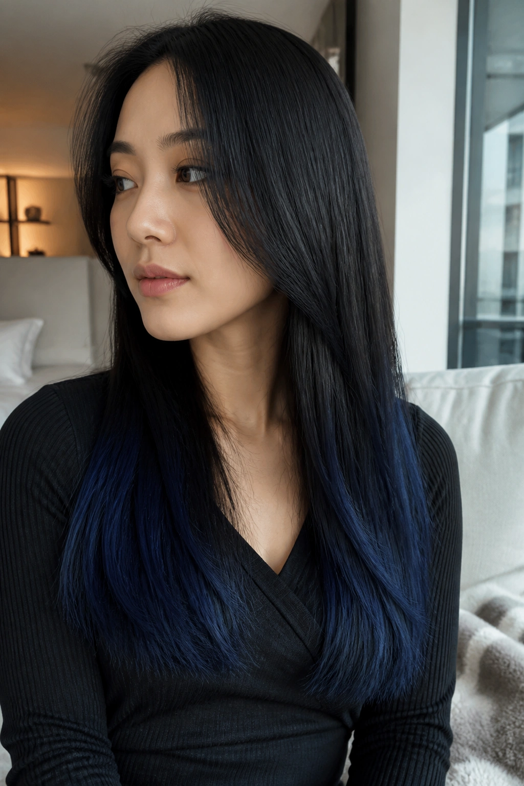 Close-up of a real woman with black roots and navy ends in the lower third of long straight hair