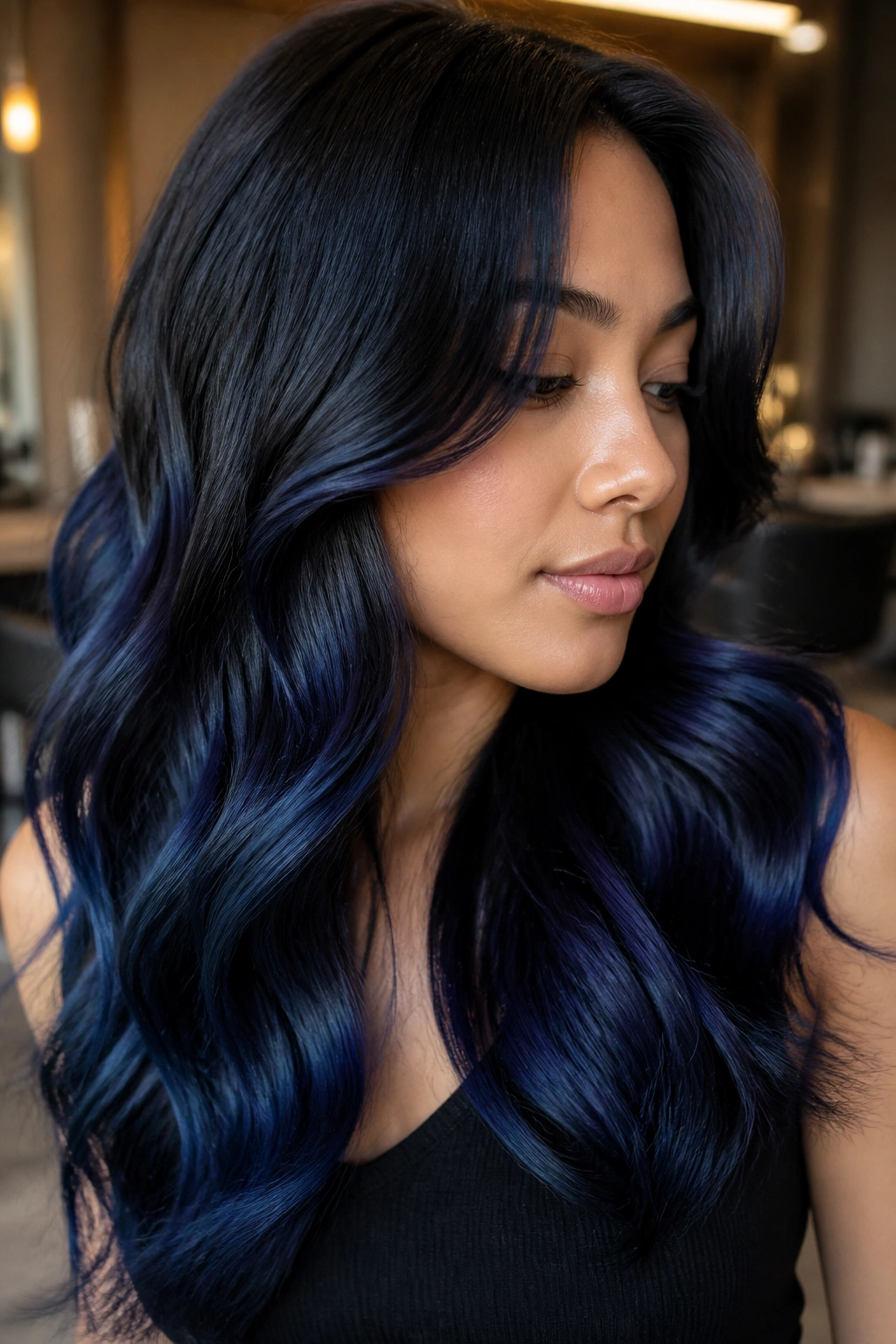 Close-up of real person with navy ink ombre on wavy hair, glossy finish