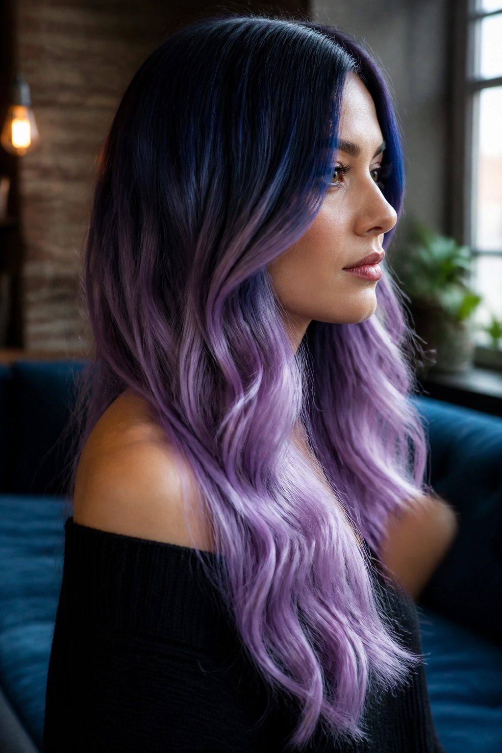 Portrait of a real woman with a navy to lavender gradient on long hair.