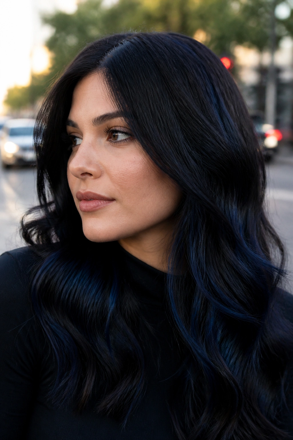 Close-up of hair with cool navy lowlights in a dark base on a real person