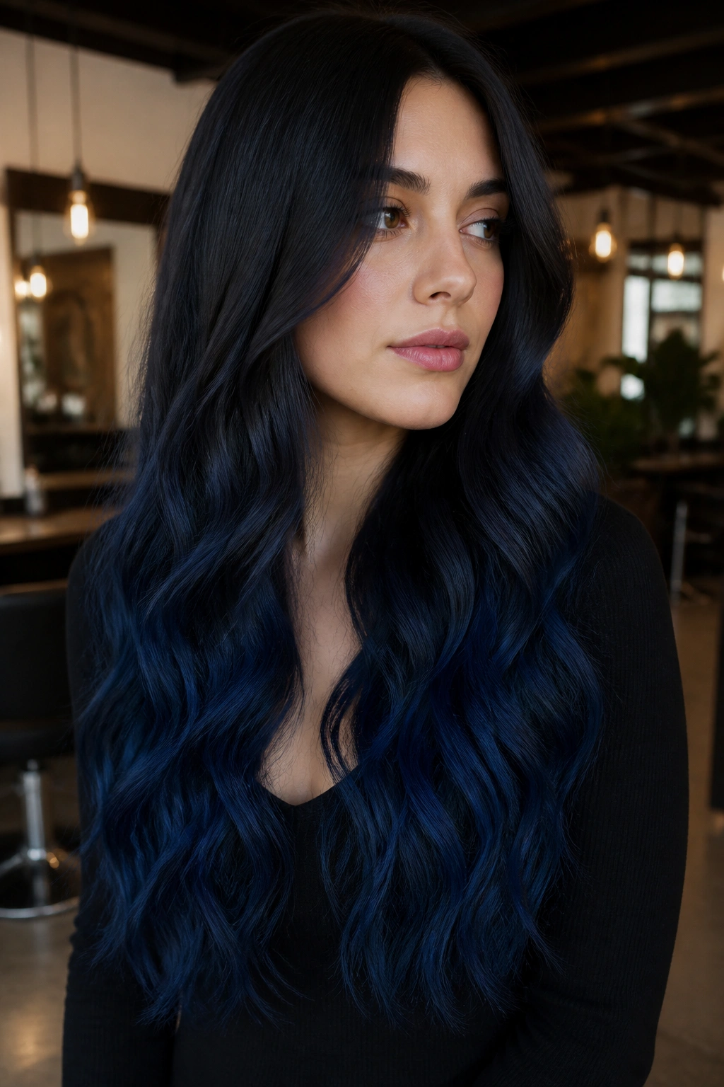 Navy ombré on long hair showing gradient from black roots to navy ends