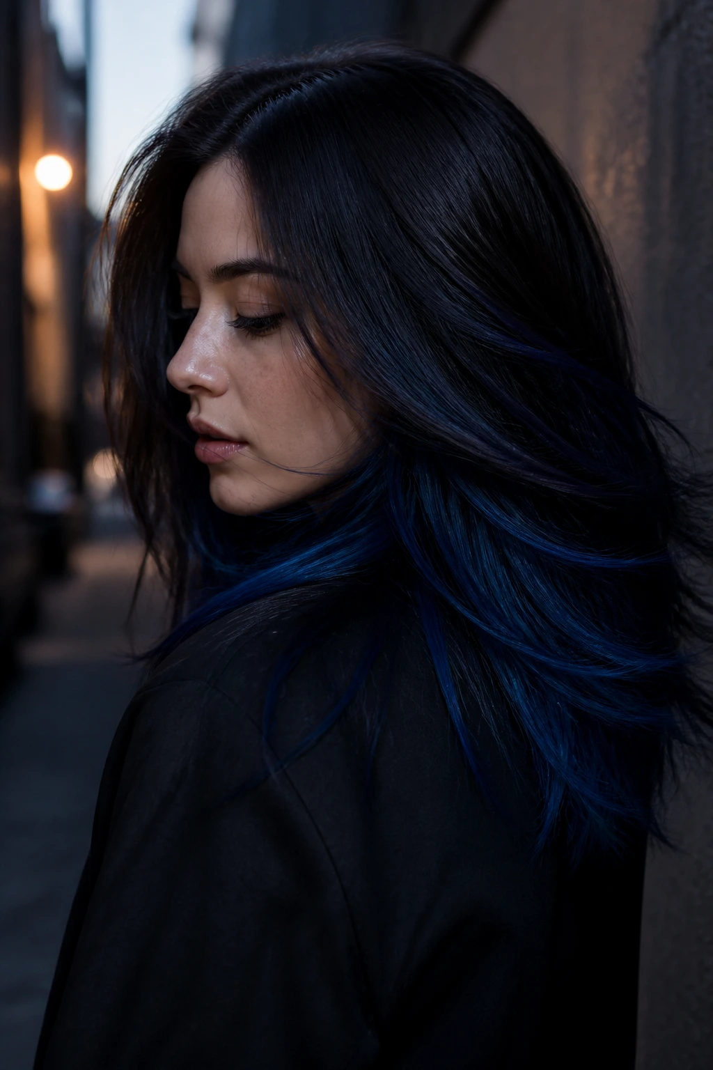 Close-up of a real person showing navy peekaboo panels in dark brunette hair