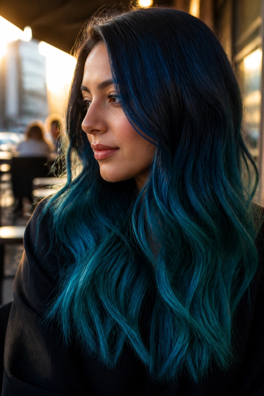 Close-up of long hair in navy to teal ombre in outdoor golden-hour setting