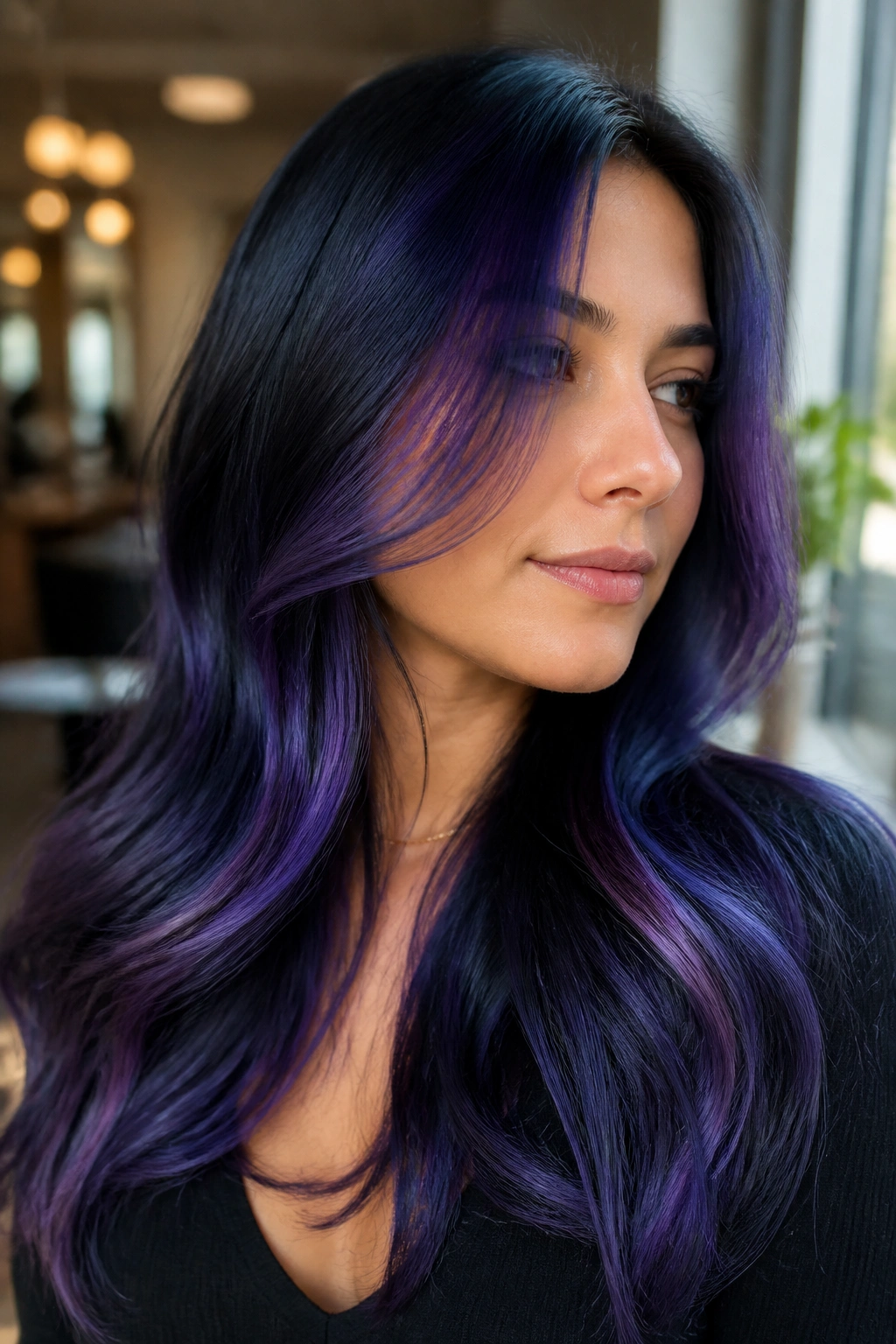 Close-up portrait of a person with navy hair and violet ribbons woven through the outer layers around the face.