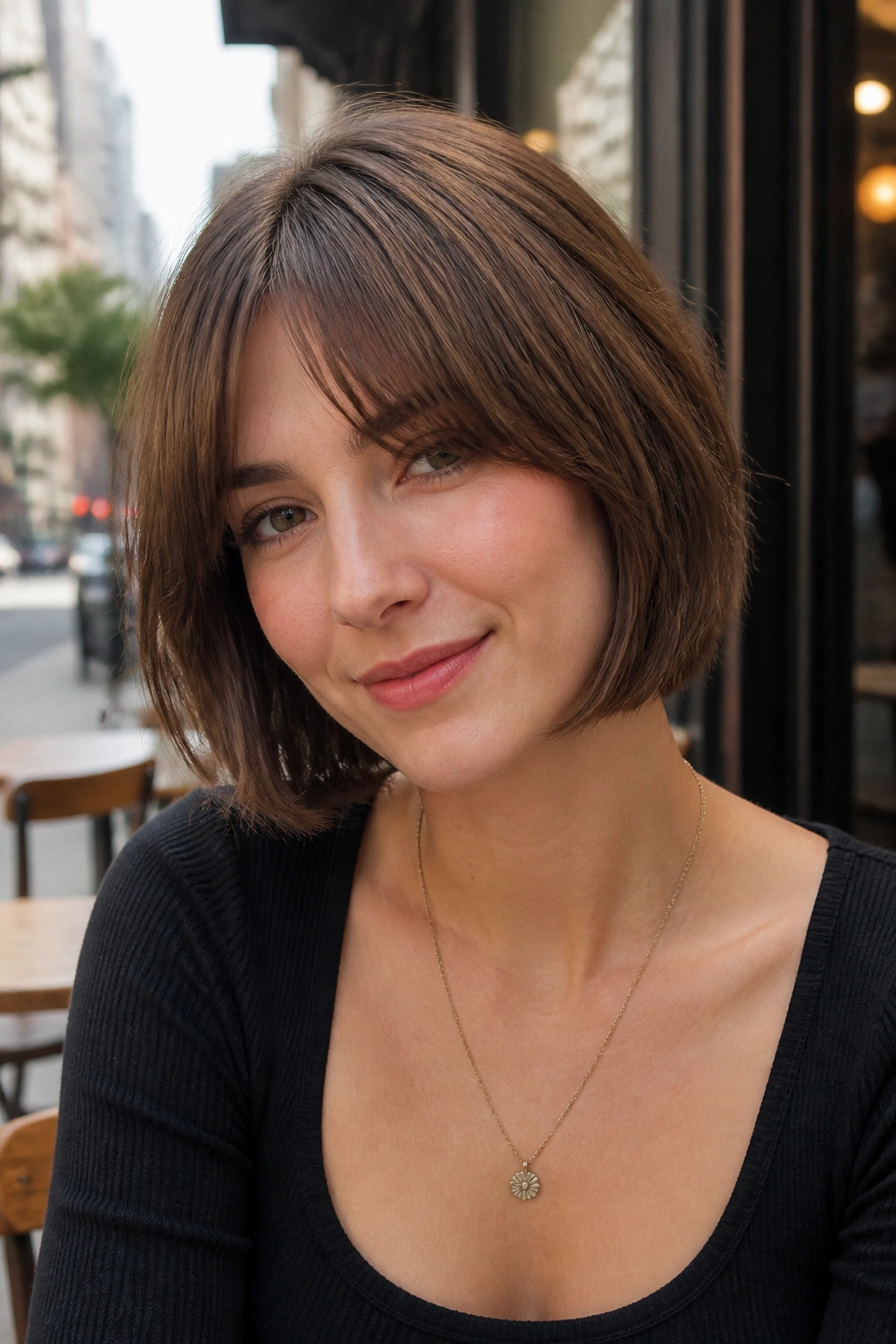 Close-up of a neck-grazing bob with bottleneck bangs on a real person.