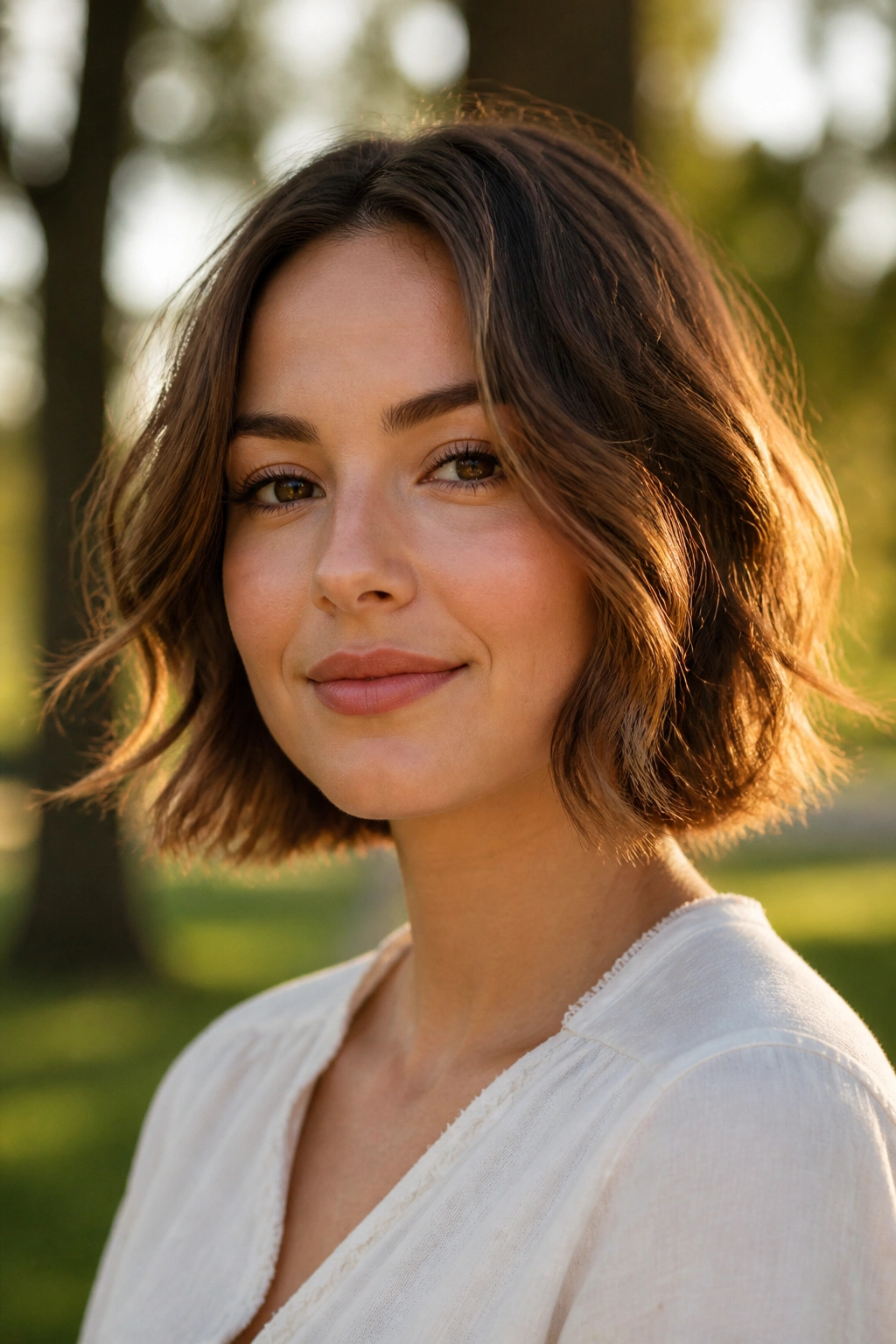 Portrait of a woman with a neck-grazing bob and loose waves.