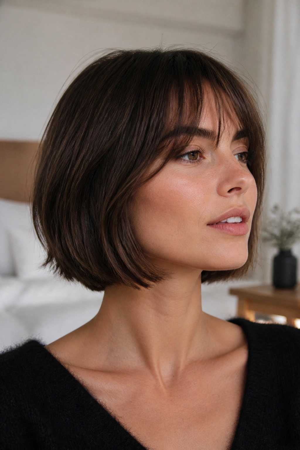 Close-up of neck-grazing French bob on a real woman with tidy ends.