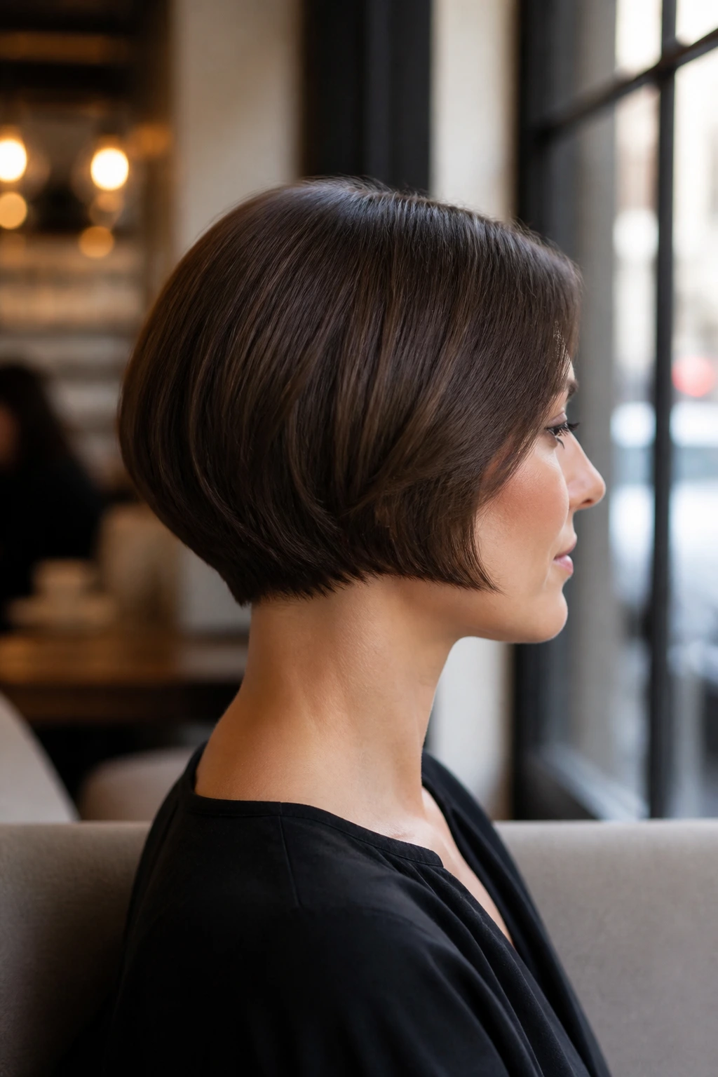 Profile portrait of a real woman with a neck-hugging bob and a low stack.